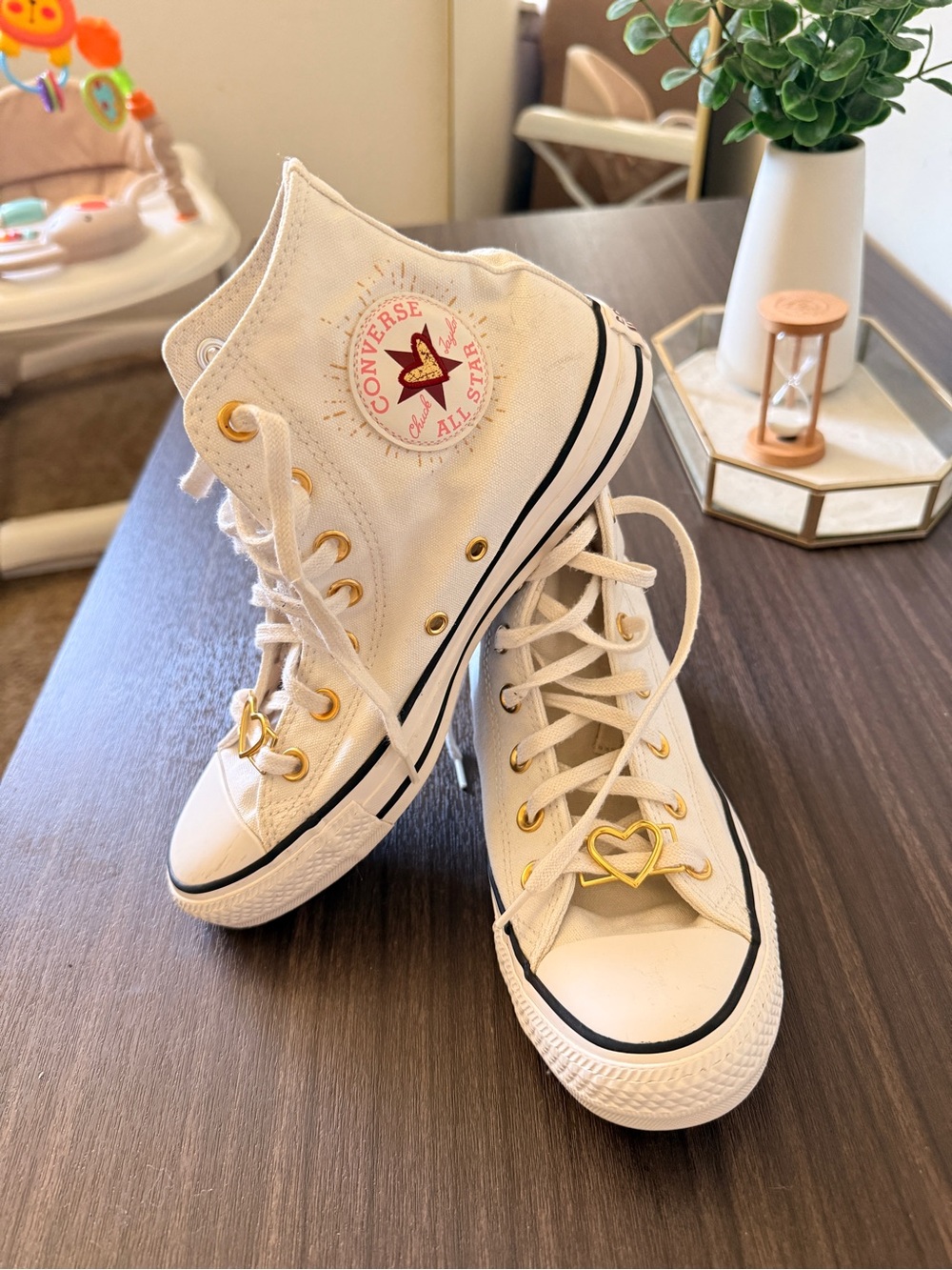 Converse White High Top Sneakers with Gold Accents